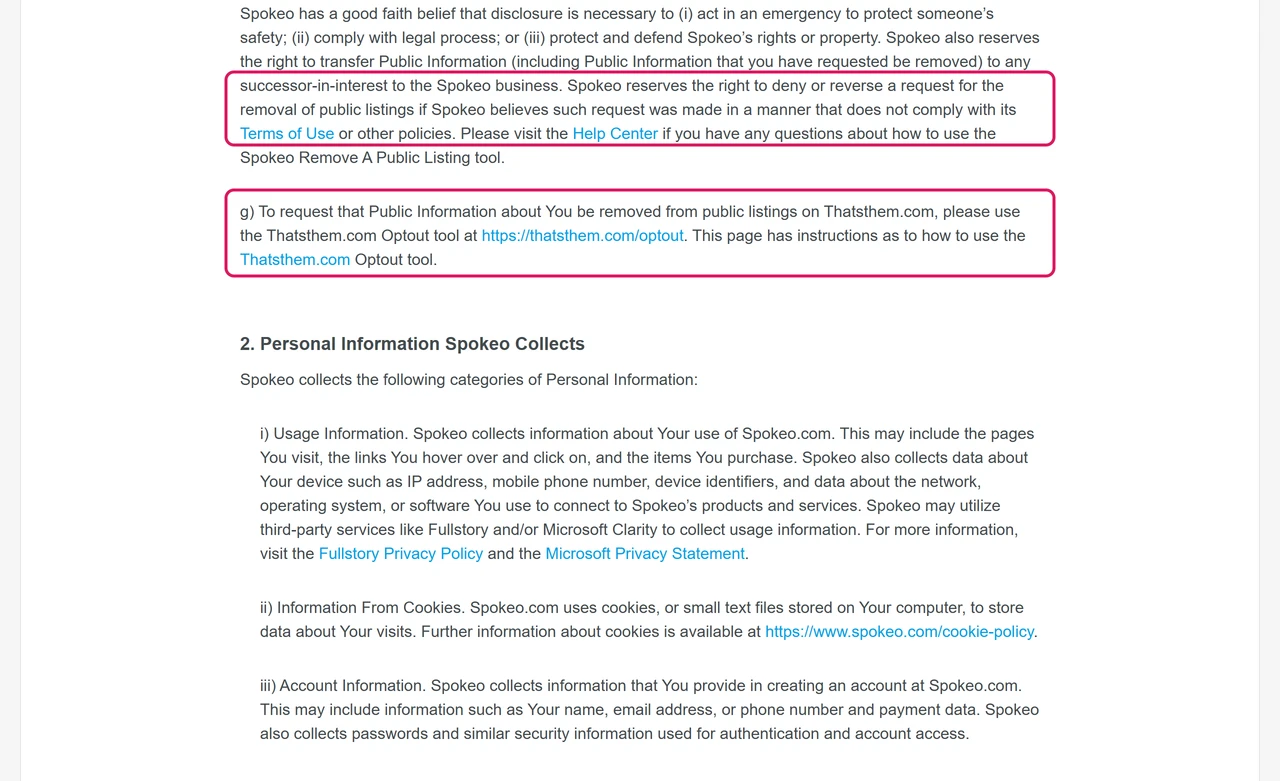 Spokeo privacy policy text reserving the right to deny or reverse a removal request and pointing to the separate Thatsthem.com tool