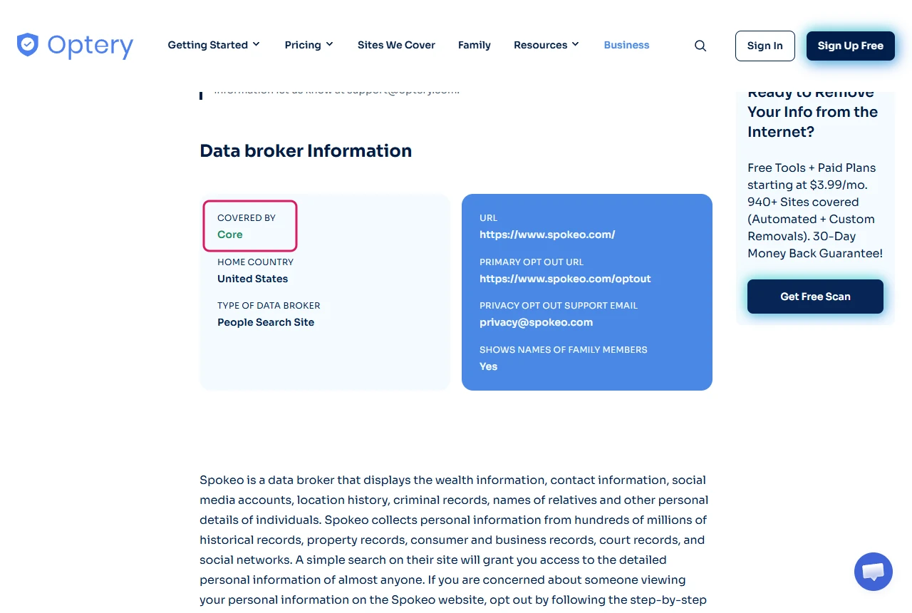 Optery data broker page for Spokeo showing Covered by Core and the opt-out URL spokeo.com/optout