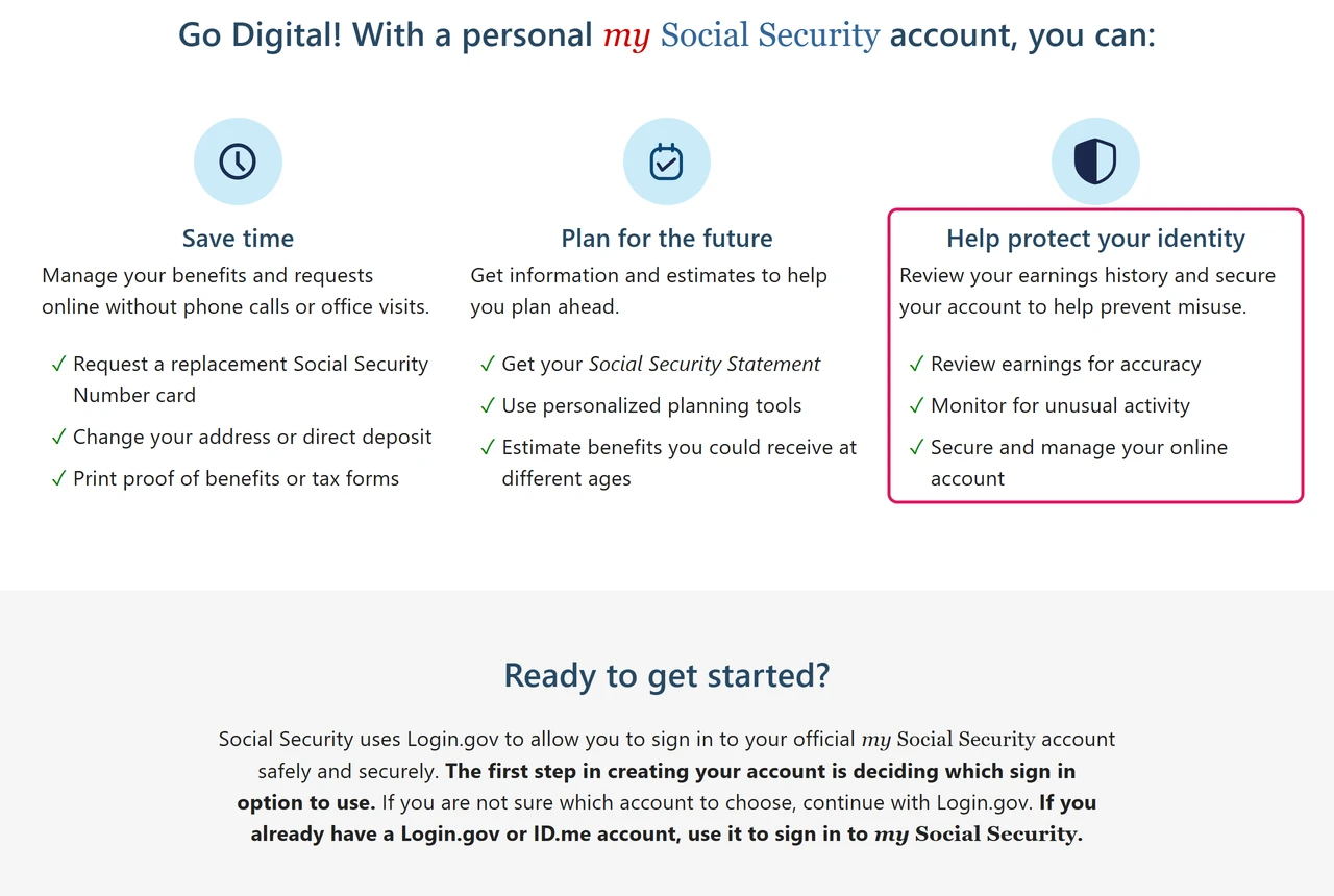 Social Security Administration my Social Security page with the Help protect your identity section highlighted