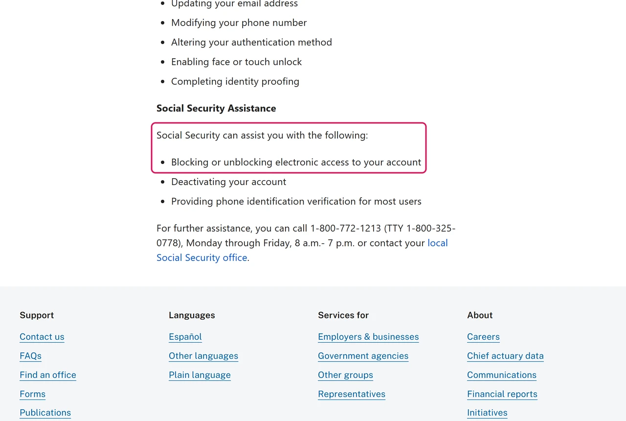 SSA FAQ listing blocking or unblocking electronic access to your account among the things Social Security can help with