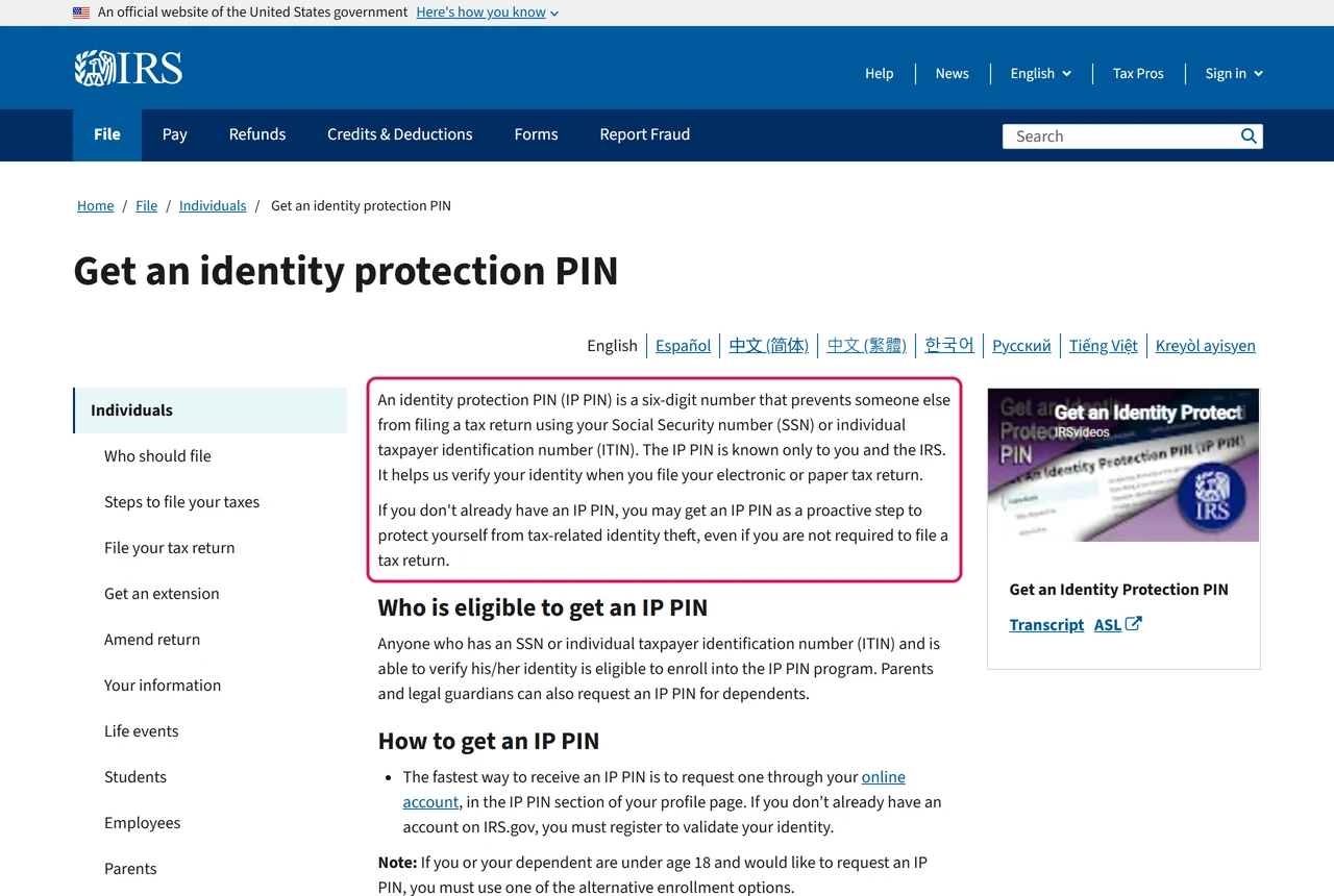 IRS page explaining that an identity protection PIN is a six-digit number that stops others filing a tax return with your SSN