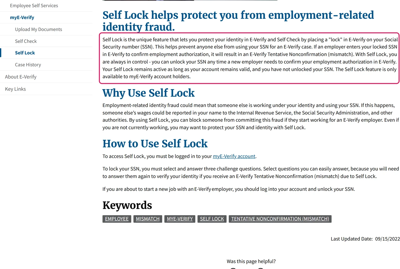 E-Verify Self Lock page explaining how to lock your Social Security number in E-Verify