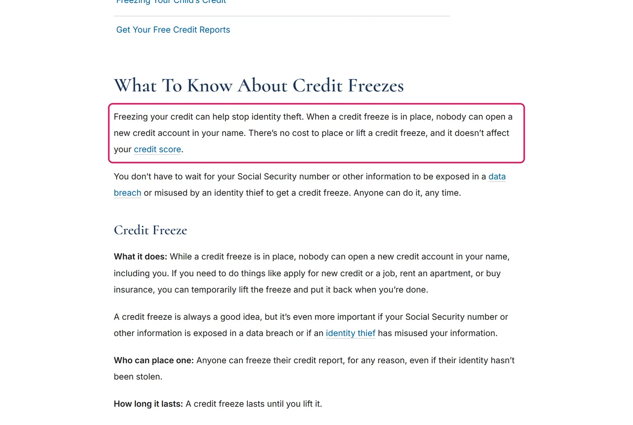 FTC consumer advice page saying there is no cost to place or lift a credit freeze