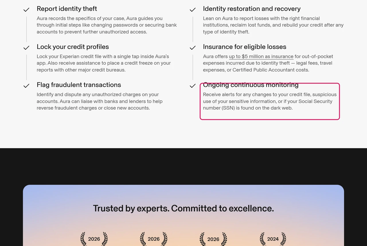 Aura identity theft protection page promising alerts if your Social Security number is found on the dark web