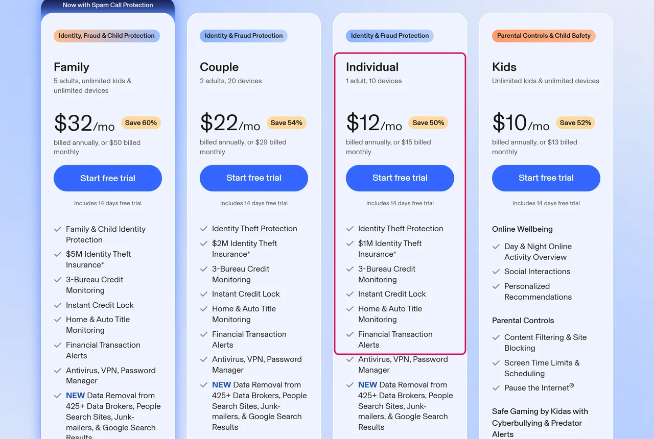 Aura pricing page with the Individual plan at 12 dollars a month billed annually highlighted