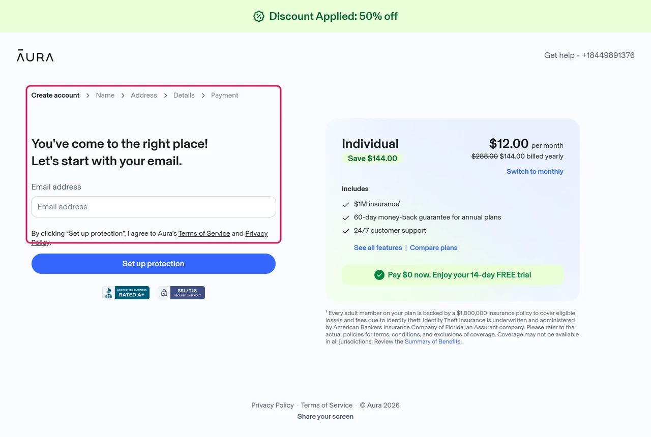 Aura enrollment first step asking for an email address, with the five steps Create account, Name, Address, Details and Payment