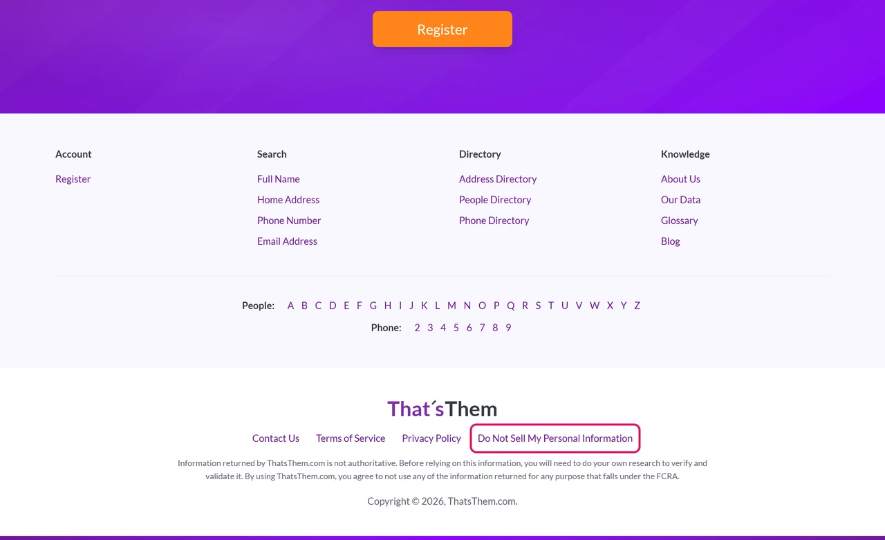 ThatsThem footer with the Do Not Sell My Personal Information link next to Terms of Service and Privacy Policy