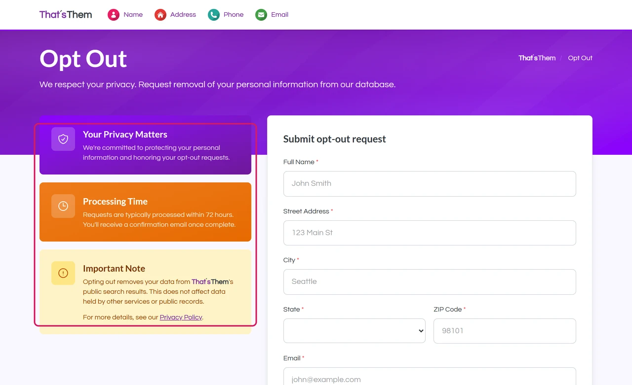 ThatsThem opt-out page with Processing Time of 72 hours and a note that opting out only covers ThatsThem's search results
