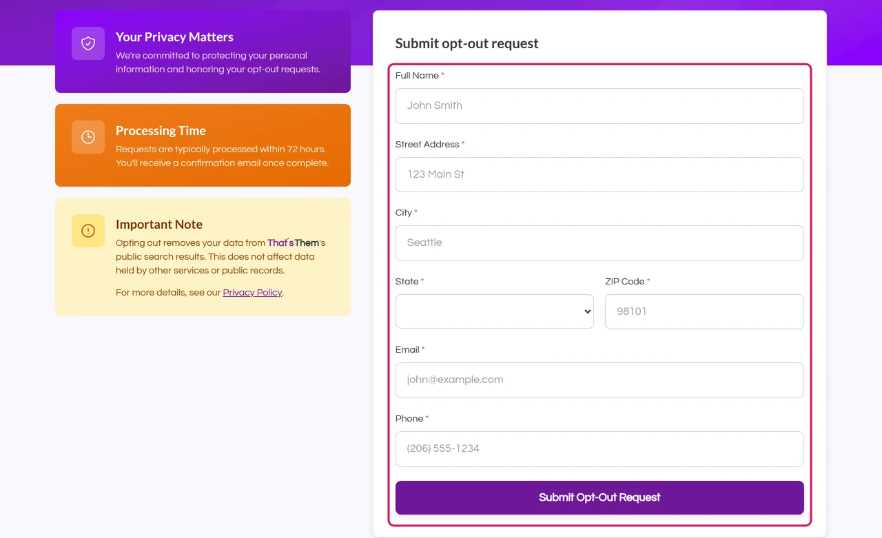 ThatsThem opt-out form with required fields for full name, street address, city, state, ZIP code, email and phone