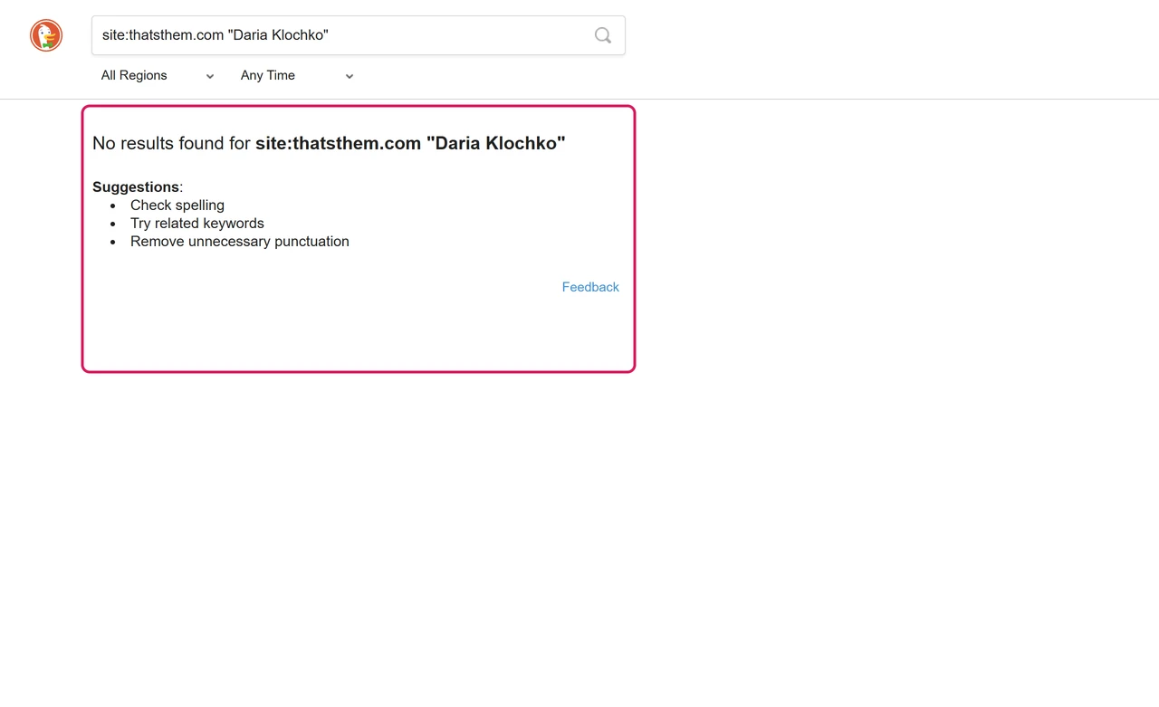 DuckDuckGo search for site:thatsthem.com with the test name returning no results
