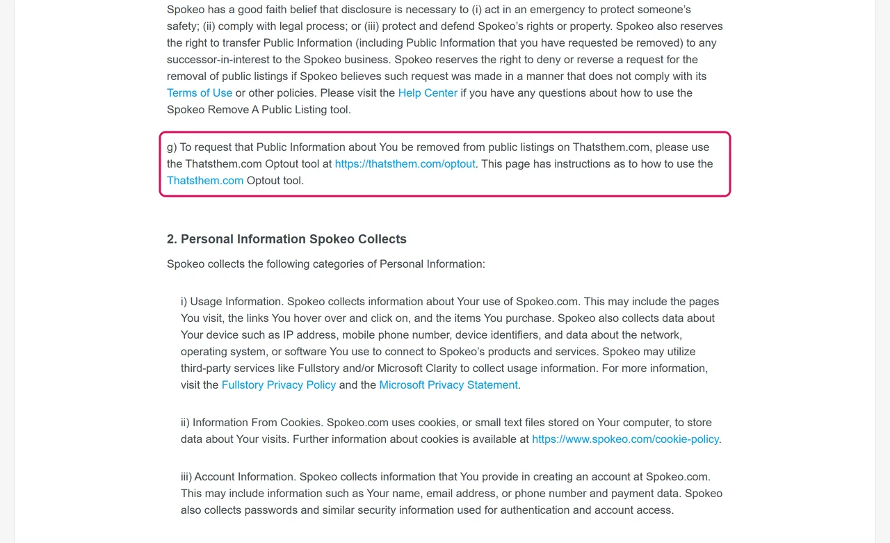 Spokeo privacy policy section 1g telling people to use the separate Thatsthem.com Optout tool