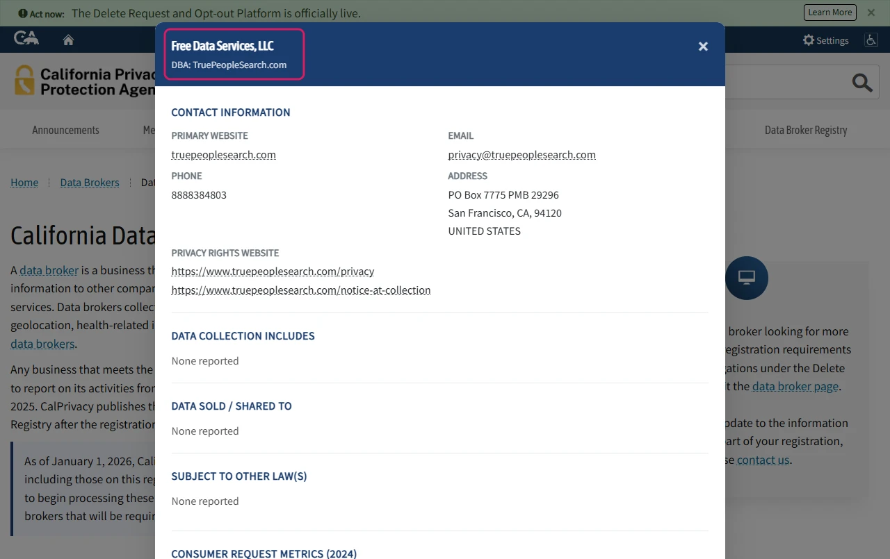 California Data Broker Registry entry for Free Data Services, LLC, doing business as TruePeopleSearch.com, with a San Francisco PO box