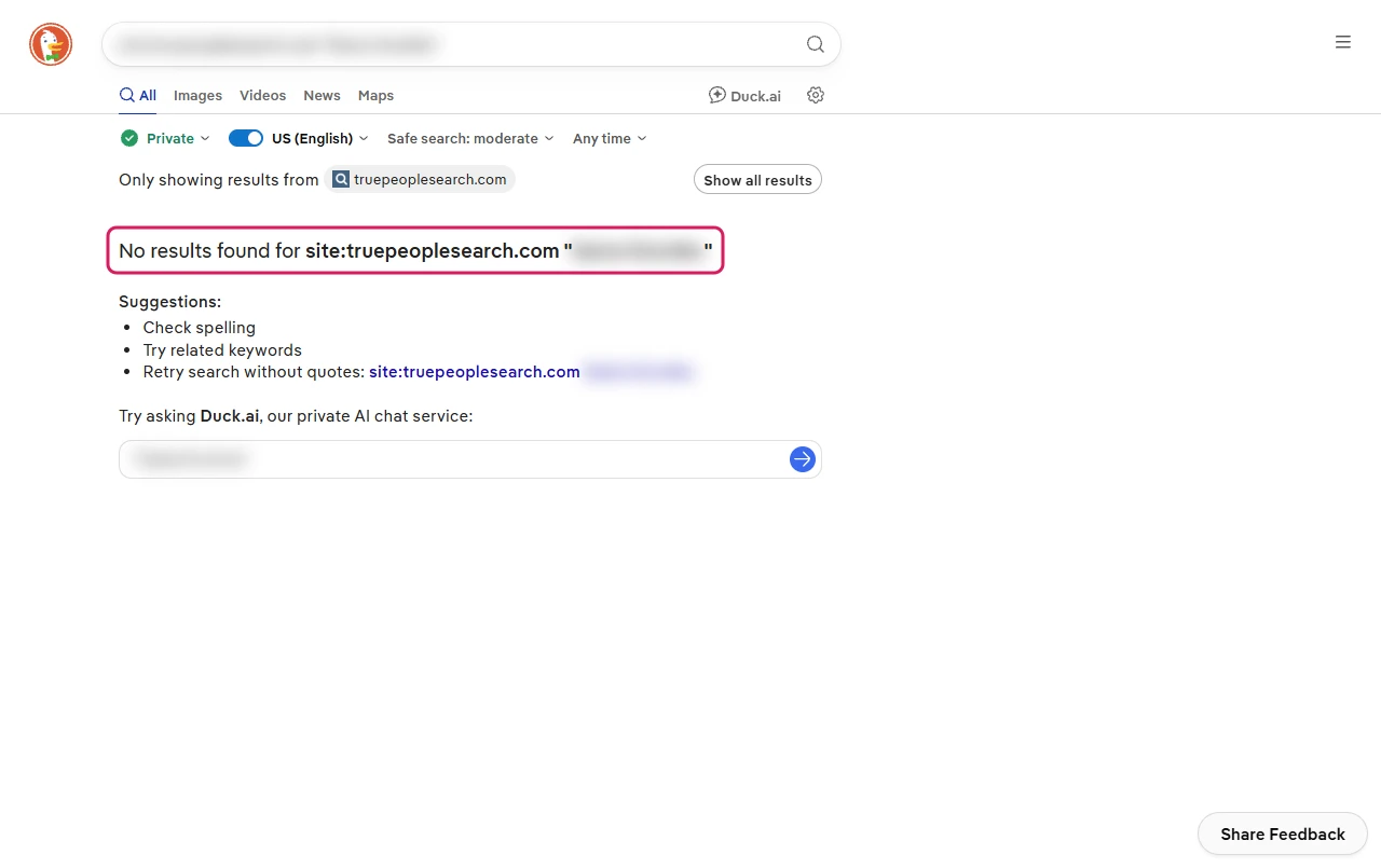 DuckDuckGo search limited to truepeoplesearch.com for the blurred test name, showing No results found