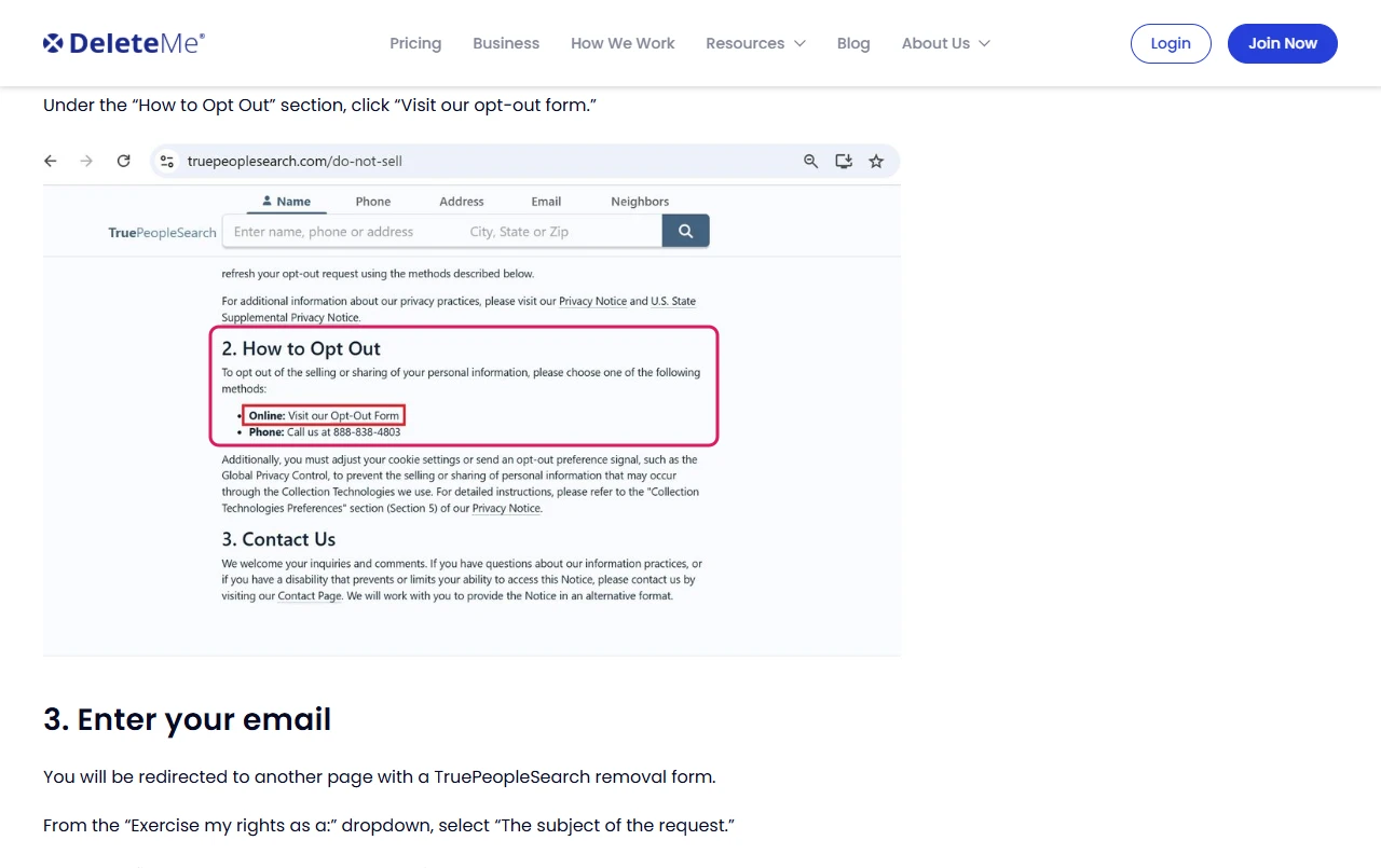 DeleteMe guide image of TruePeopleSearch's Do Not Sell page with the How to Opt Out section listing the opt-out form and phone 888-838-4803