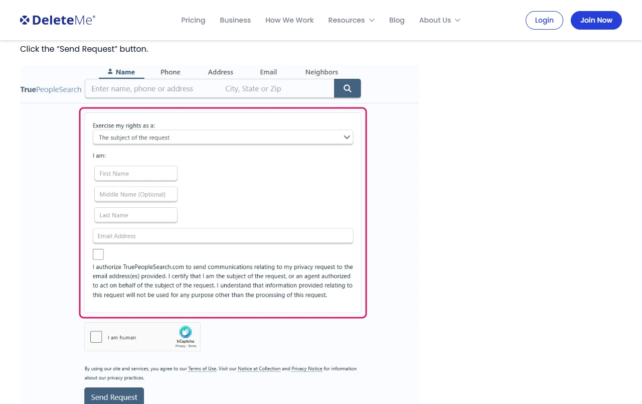 DeleteMe guide image of TruePeopleSearch's first opt-out form with a rights dropdown, name and email fields, a consent checkbox and an hCaptcha