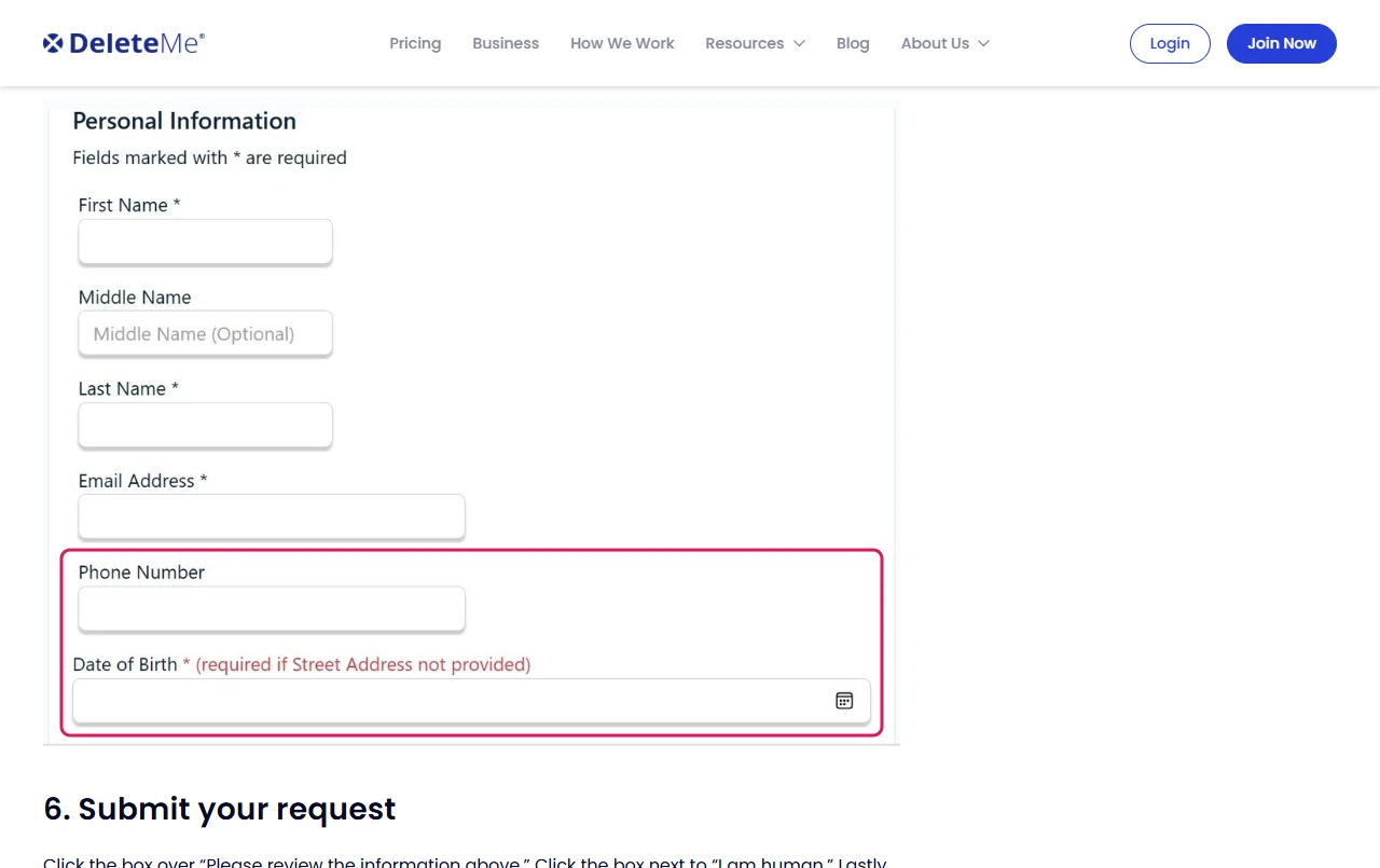 DeleteMe guide image of TruePeopleSearch's second form with Phone Number unmarked and Date of Birth required if Street Address is not provided