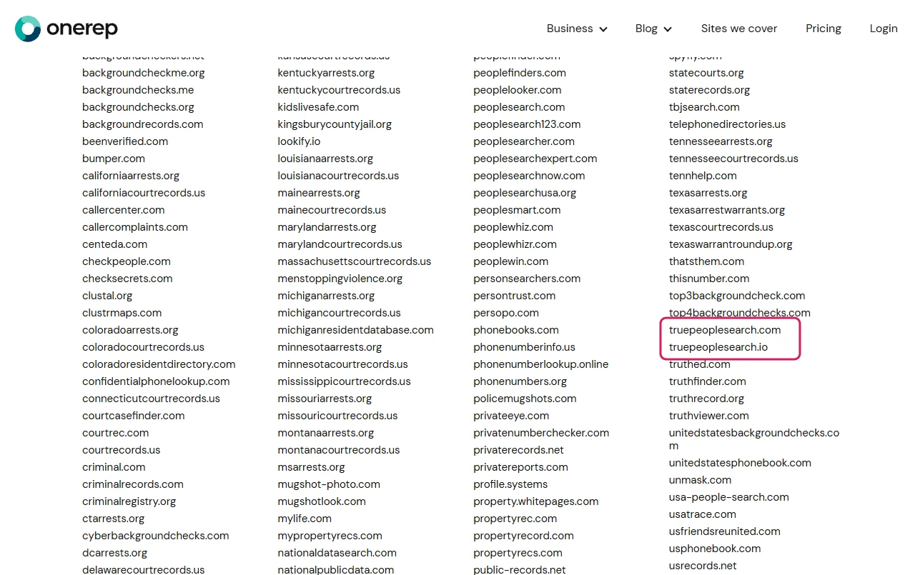 OneRep's published list of covered sites showing truepeoplesearch.com and truepeoplesearch.io