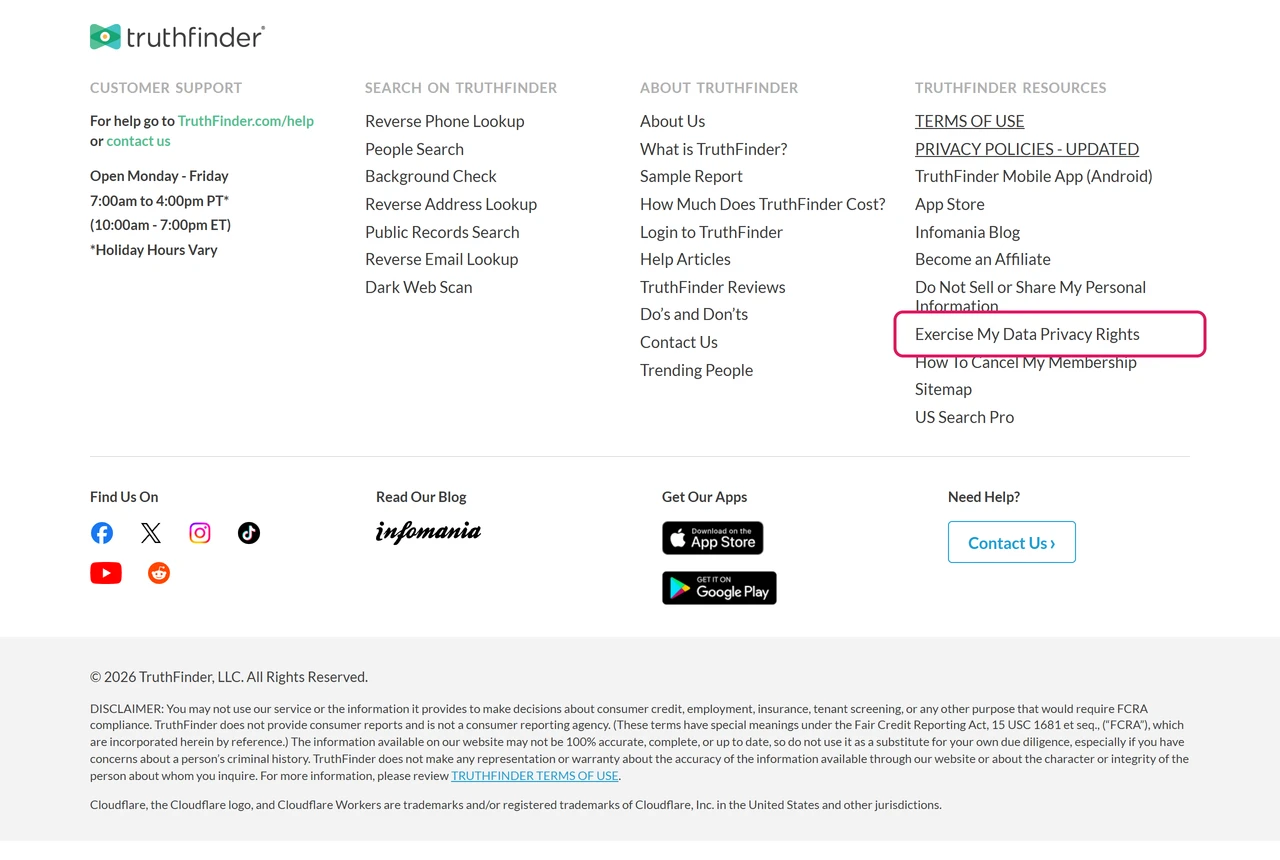 TruthFinder website footer with the Exercise My Data Privacy Rights link highlighted