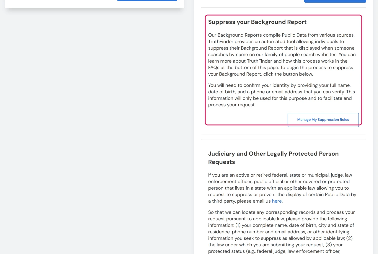 TruthFinder Privacy Center section Suppress your Background Report with the Manage My Suppression Rules button