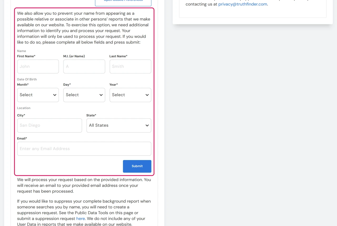 TruthFinder form to stop a name from appearing as a relative or associate in other people's reports