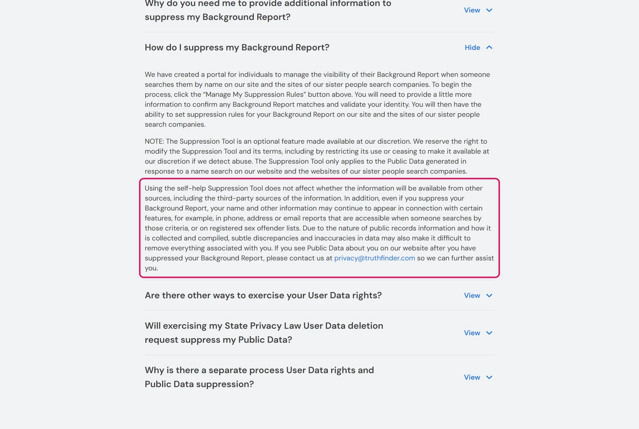 TruthFinder FAQ text saying information may still appear in phone, address or email reports after suppression