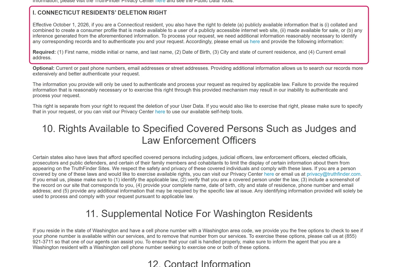 TruthFinder privacy policy section on the Connecticut residents deletion right effective October 1, 2026