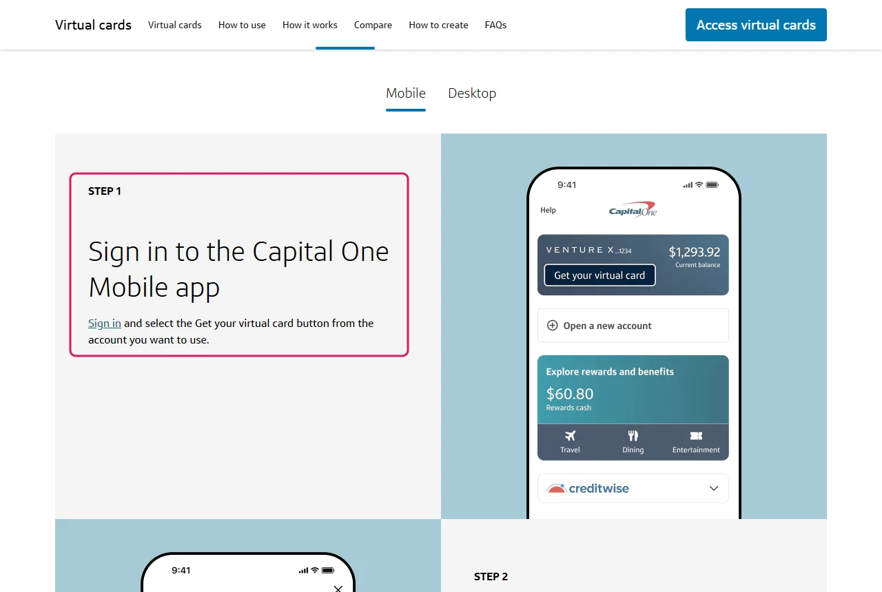 Capital One virtual cards page, step 1: sign in to the mobile app and select Get your virtual card