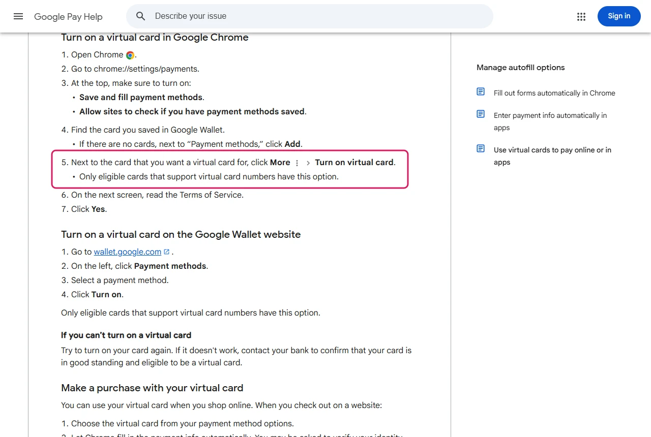 Google Pay Help steps to turn on a virtual card in Chrome payment settings, with the Turn on virtual card step highlighted