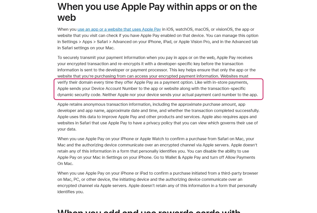 Apple support page explaining that Apple Pay sends a Device Account Number, not your card number, to apps and websites