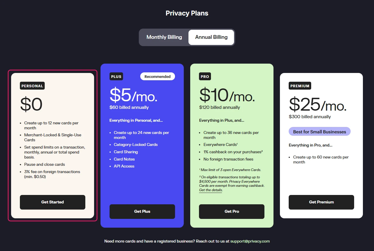 Privacy.com pricing page with the free Personal plan at $0 and 12 new cards per month highlighted