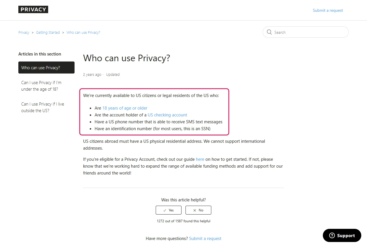 Privacy.com help article listing who can sign up: 18 or older, a US checking account, a US phone number and an SSN