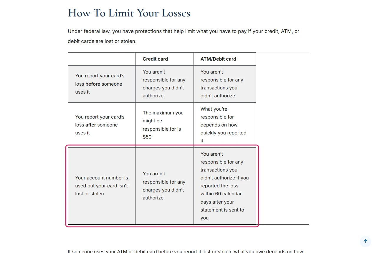 FTC table comparing liability for credit and debit cards, with the row for a stolen account number highlighted