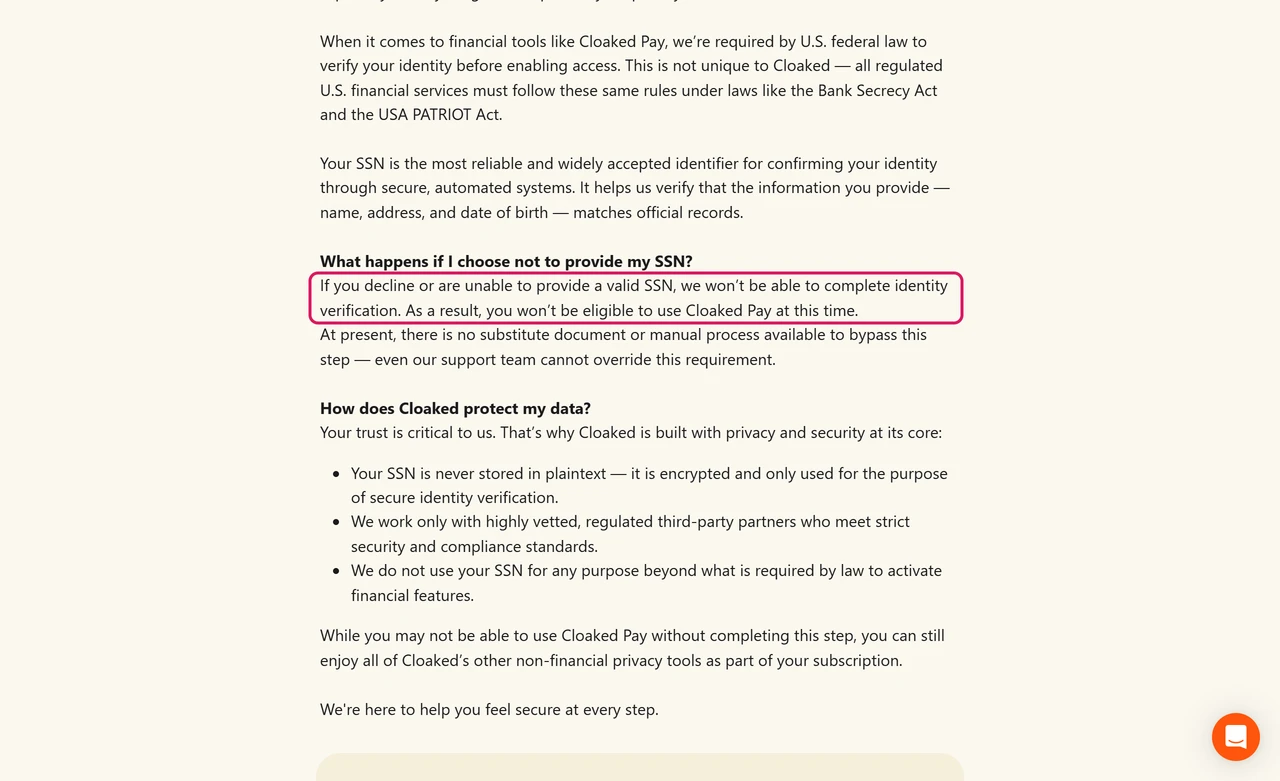 Cloaked help center article explaining that without a valid Social Security number you can't use Cloaked Pay