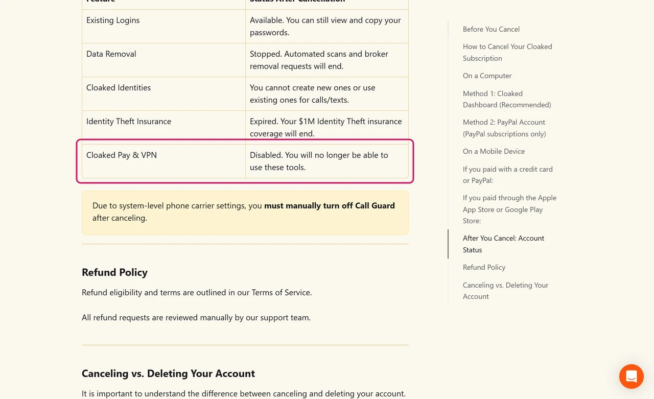 Cloaked help center table showing that Cloaked Pay and the VPN are disabled after you cancel