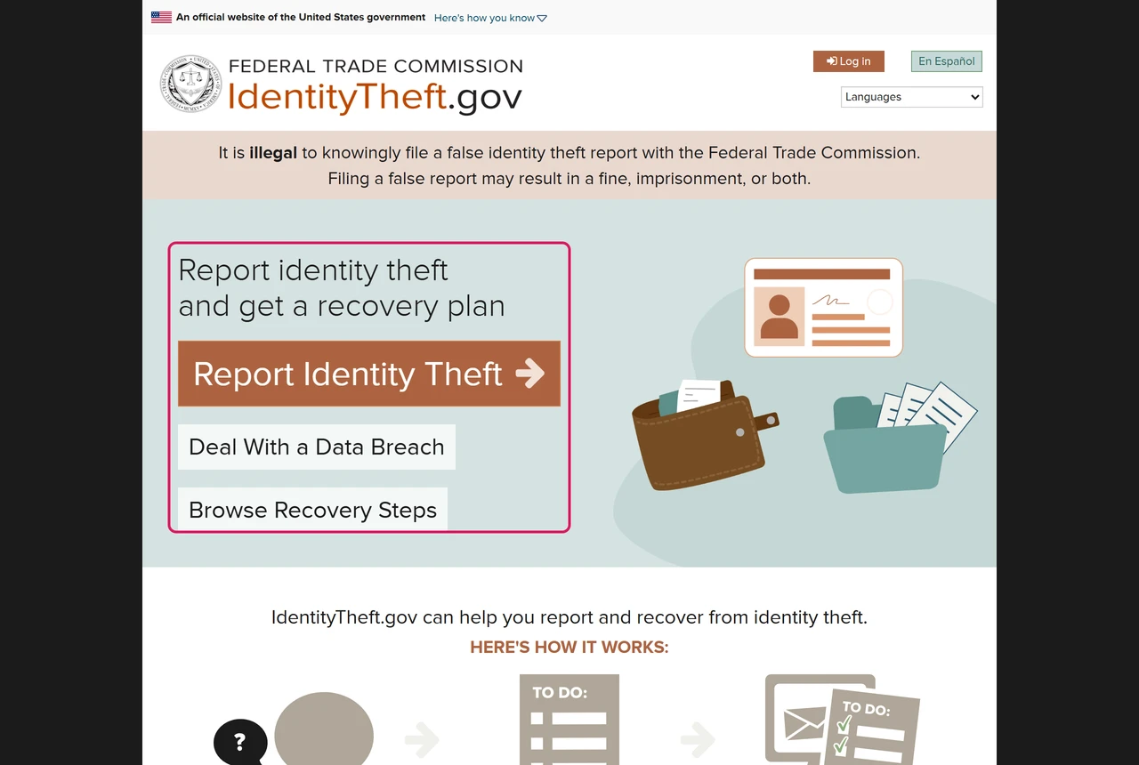 IdentityTheft.gov home page with buttons to report identity theft, deal with a data breach and browse recovery steps