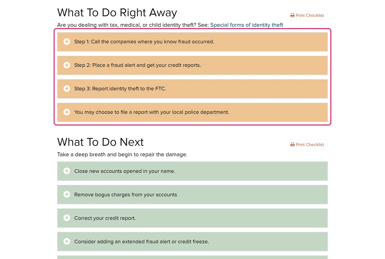 IdentityTheft.gov checklist What To Do Right Away with steps 1 to 3 and an optional police report