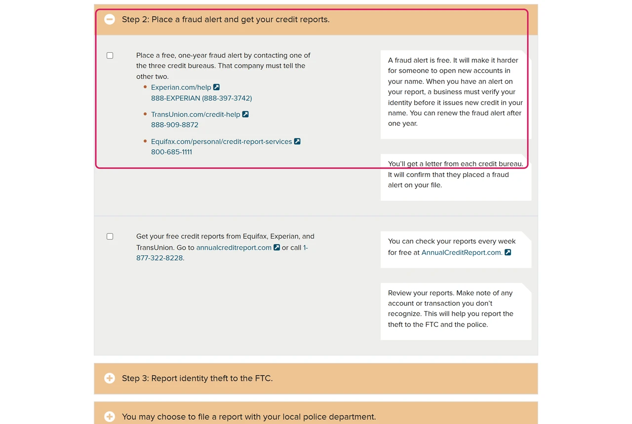 IdentityTheft.gov step 2 opened: free one-year fraud alert through one bureau, phone numbers for Experian, TransUnion and Equifax
