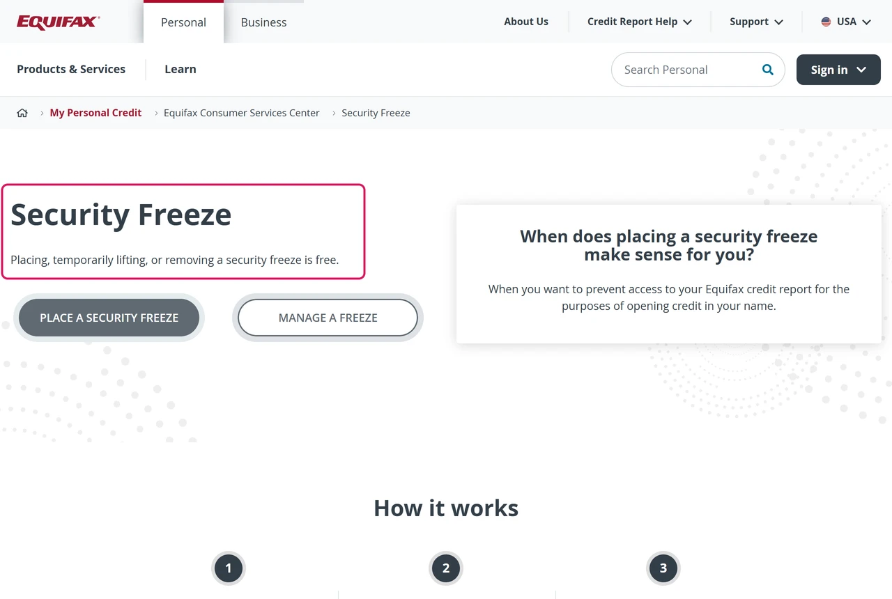 Equifax Security Freeze page: placing, temporarily lifting, or removing a security freeze is free