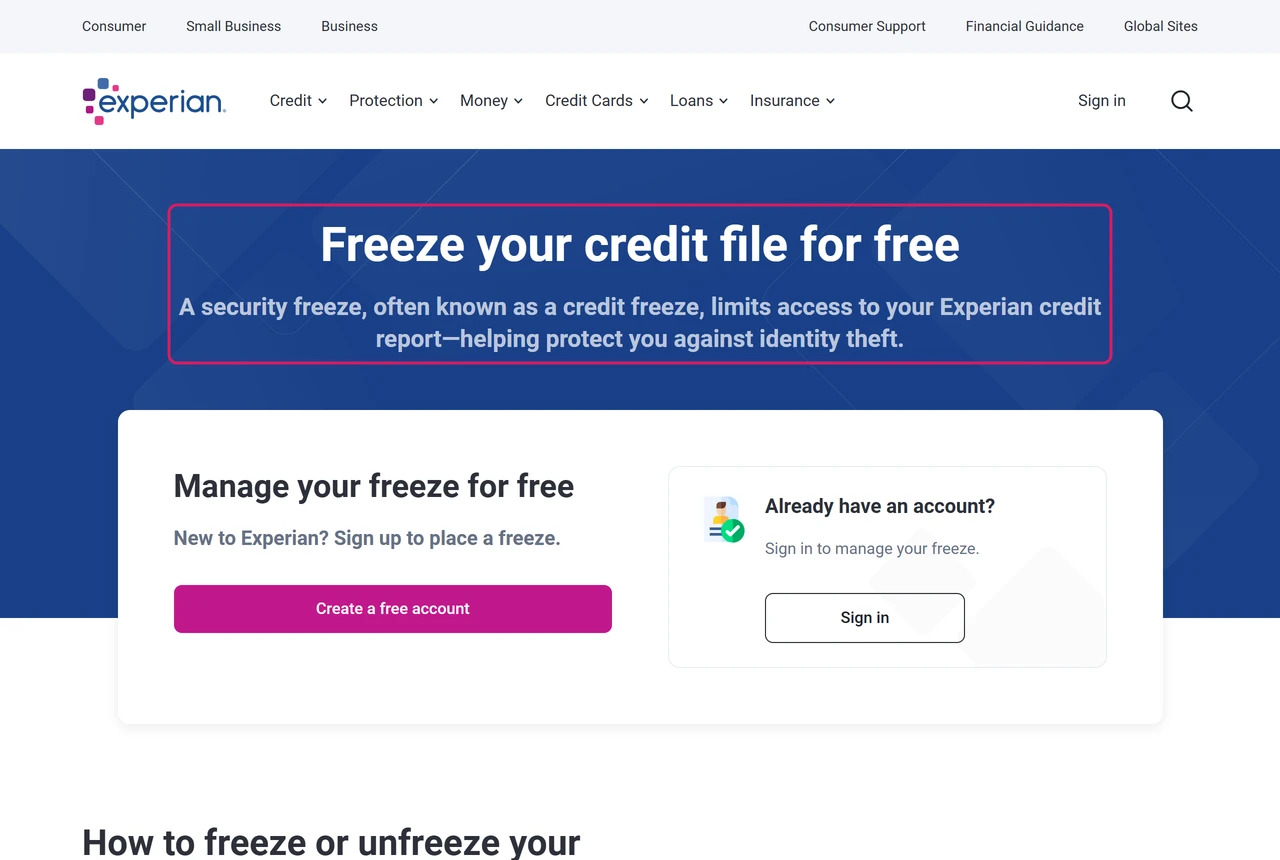 Experian page: freeze your credit file for free, with a button to create a free account