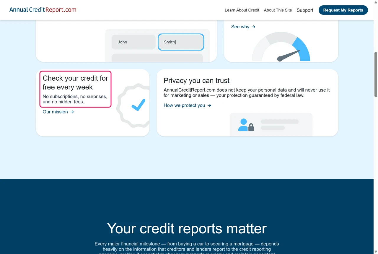 AnnualCreditReport.com tile: check your credit for free every week, no subscriptions, no hidden fees