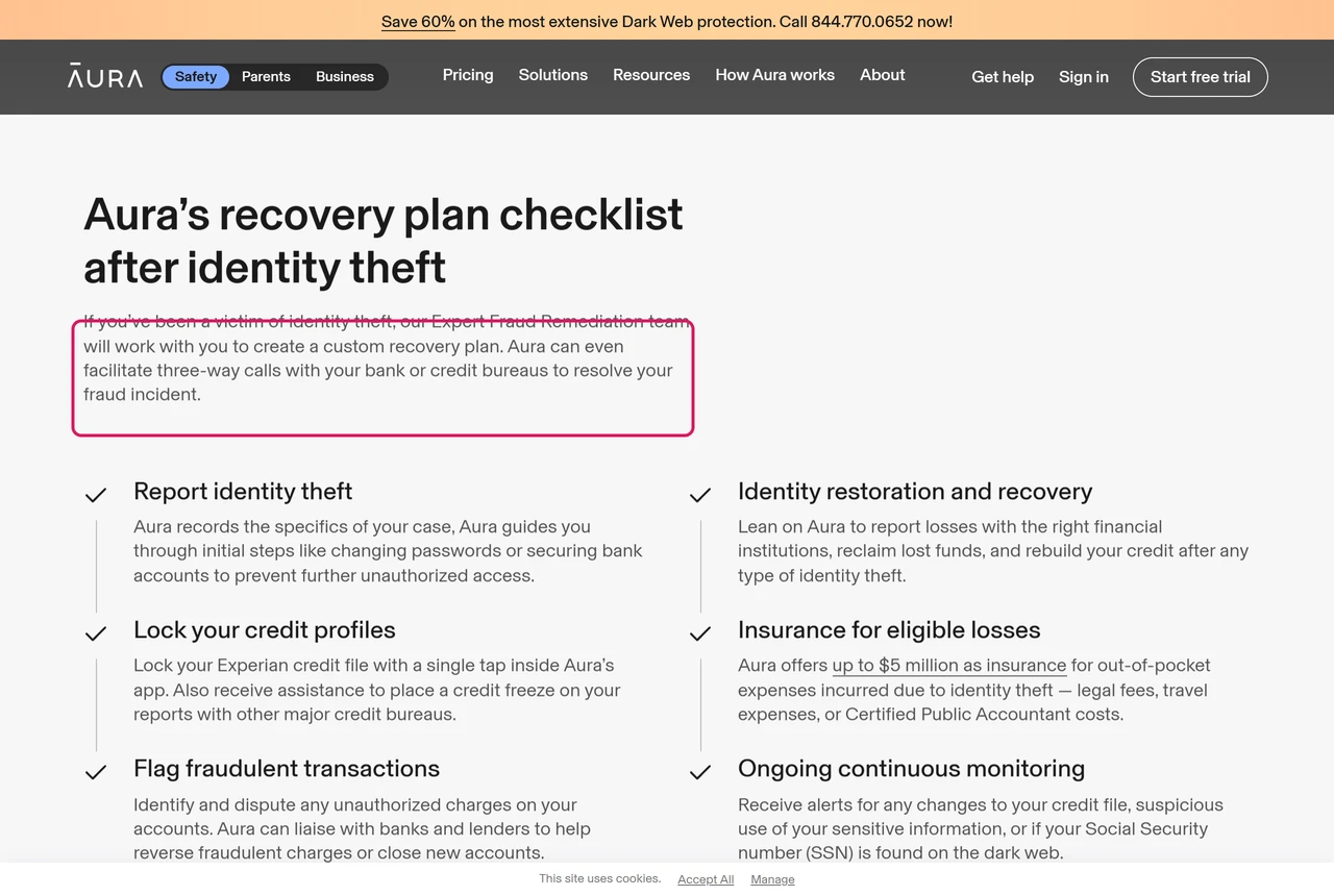Aura identity theft protection page: recovery plan checklist after identity theft with an expert fraud remediation team
