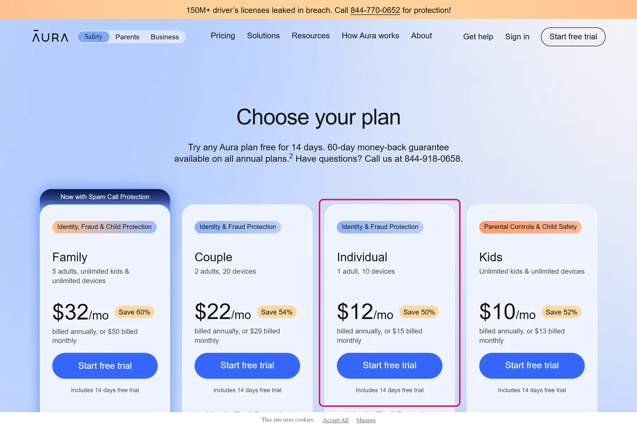 Aura pricing page with the Individual plan at $12 a month billed annually or $15 billed monthly, 14-day free trial