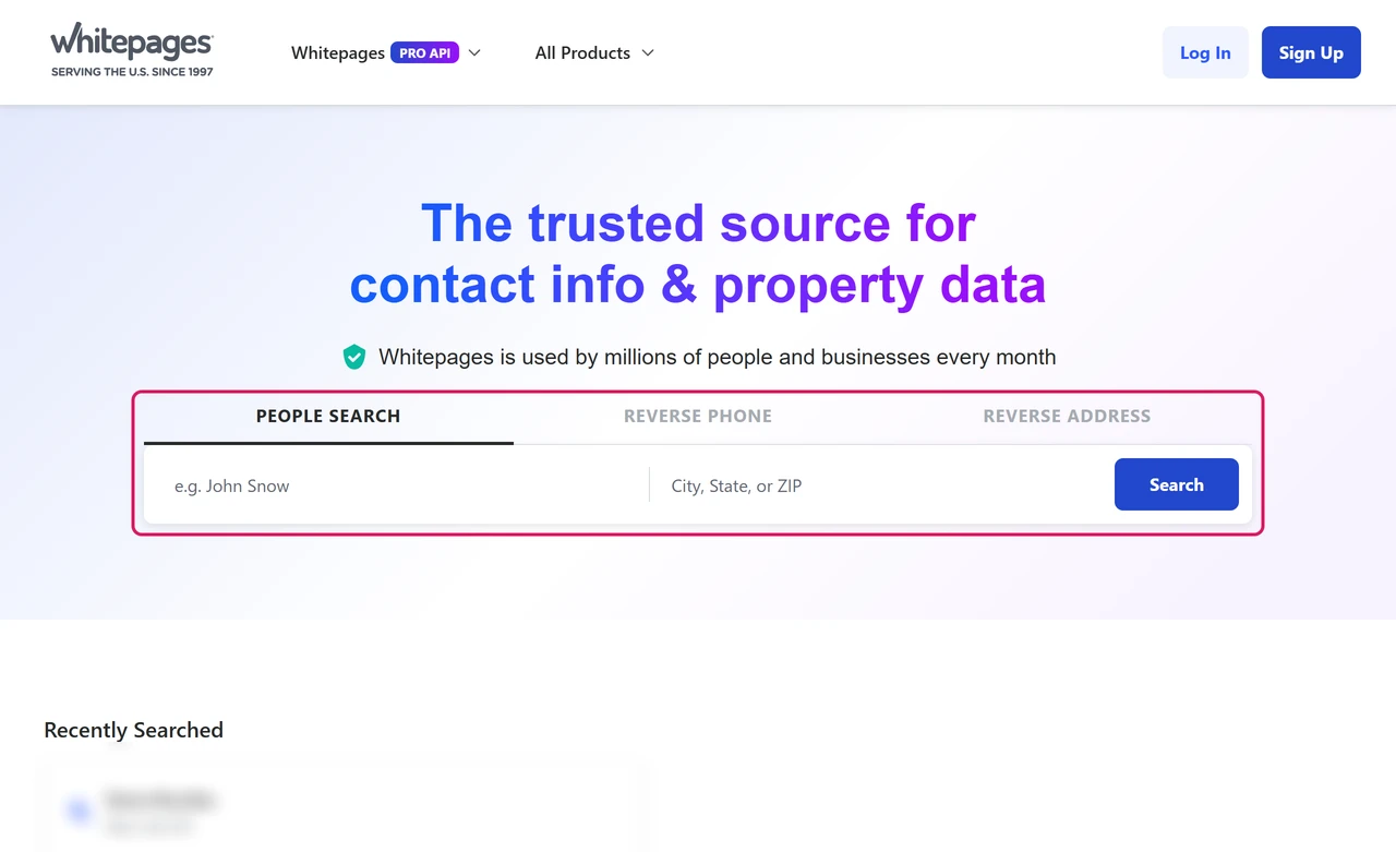 Whitepages home page with the People Search box for a name and city, state or ZIP