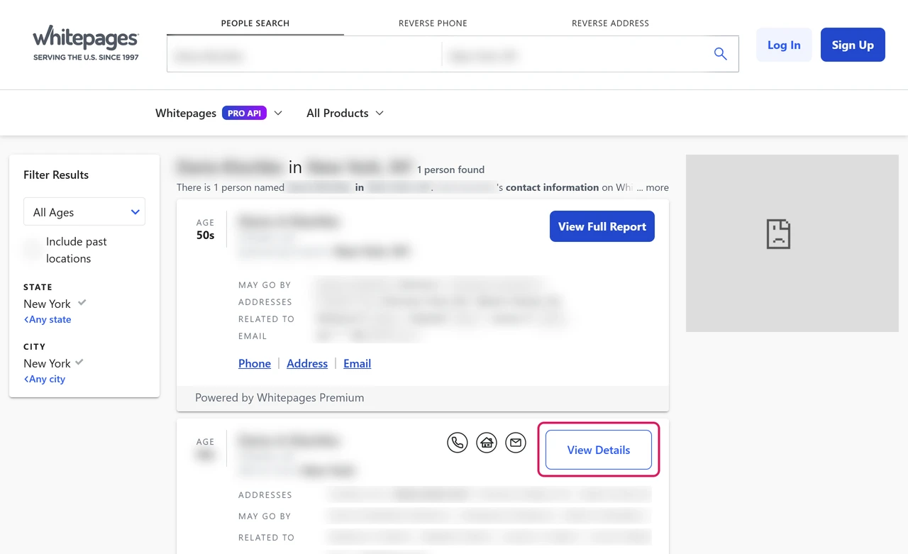 Whitepages search results showing one near-match listing, all personal details blurred
