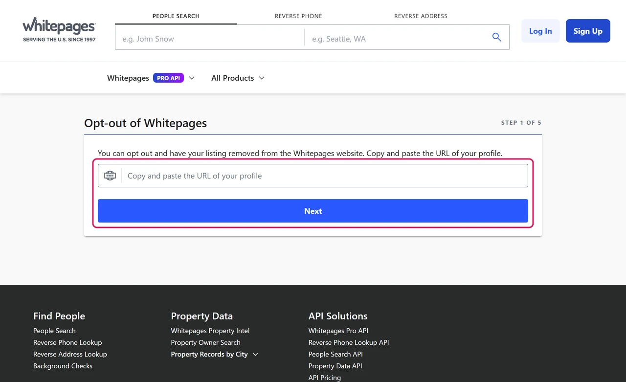 Whitepages opt-out page, step 1 of 5, asking for the URL of your profile