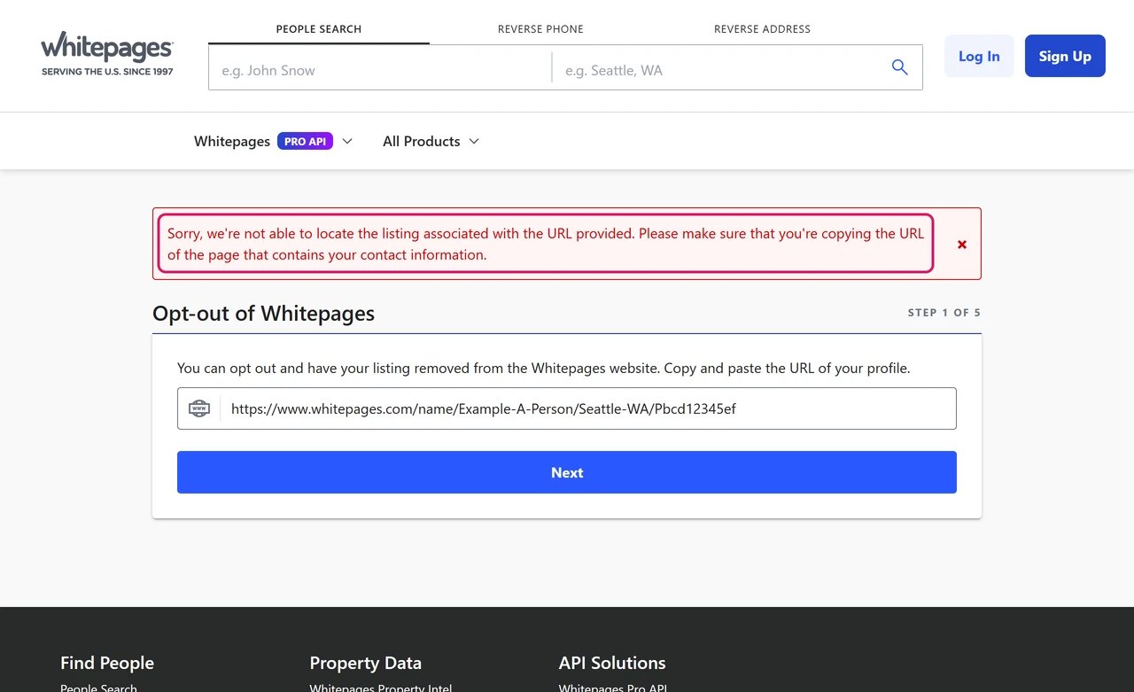 Whitepages opt-out error saying it can't locate the listing for the URL provided