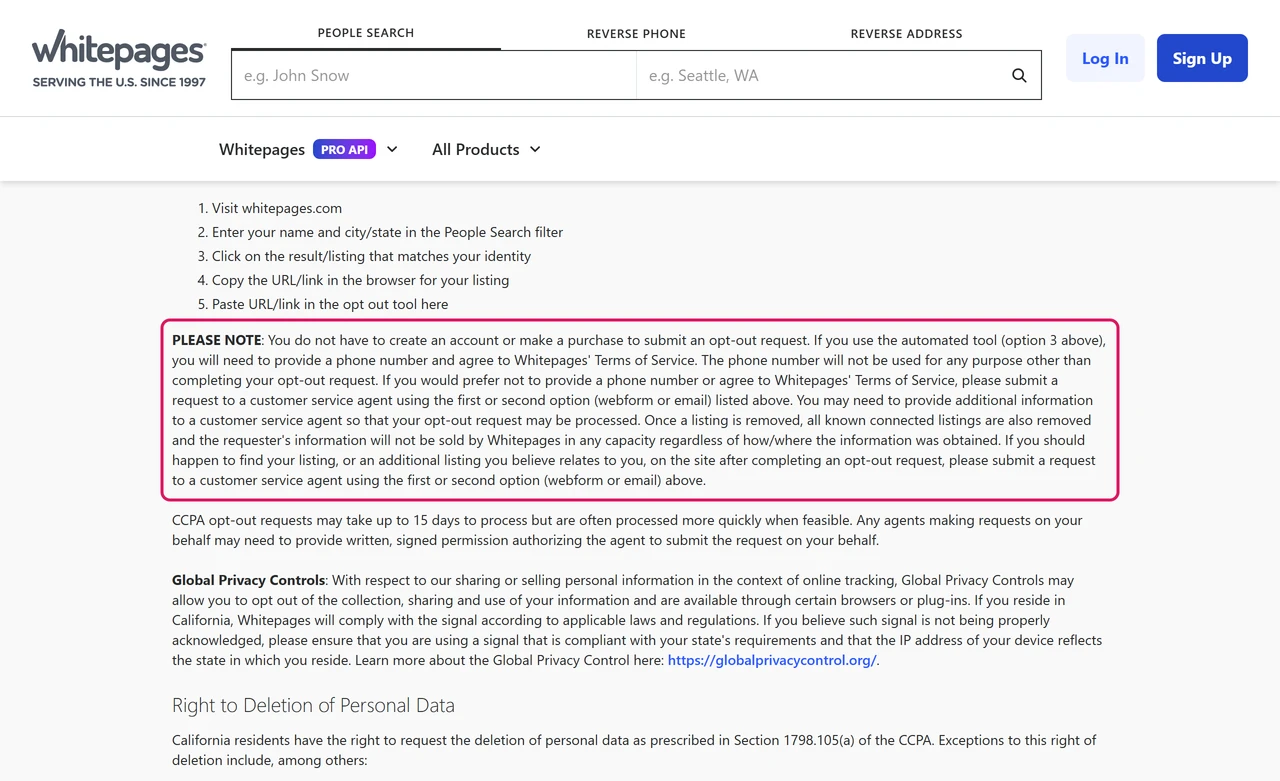 Whitepages Consumer Privacy Rights note: the automated tool needs a phone number, the webform or email does not