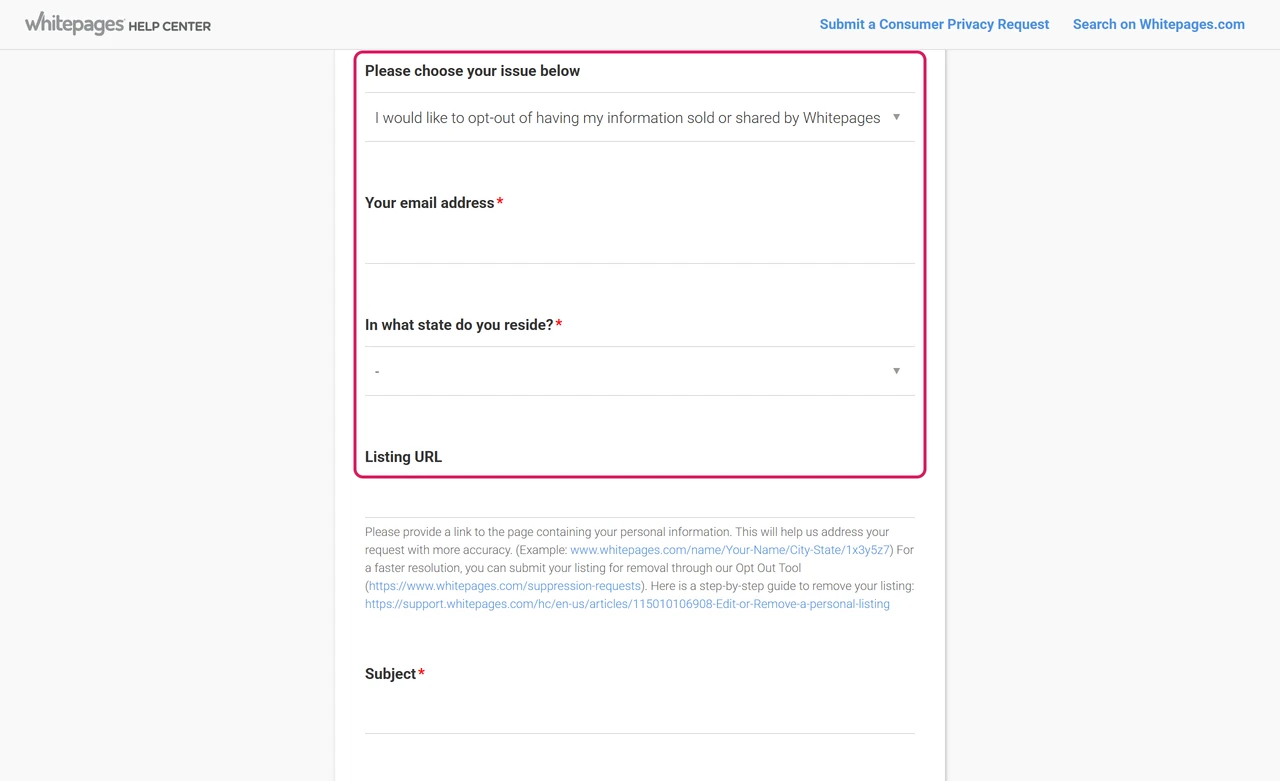 Whitepages privacy request form with issue, email address, state of residence and listing URL fields